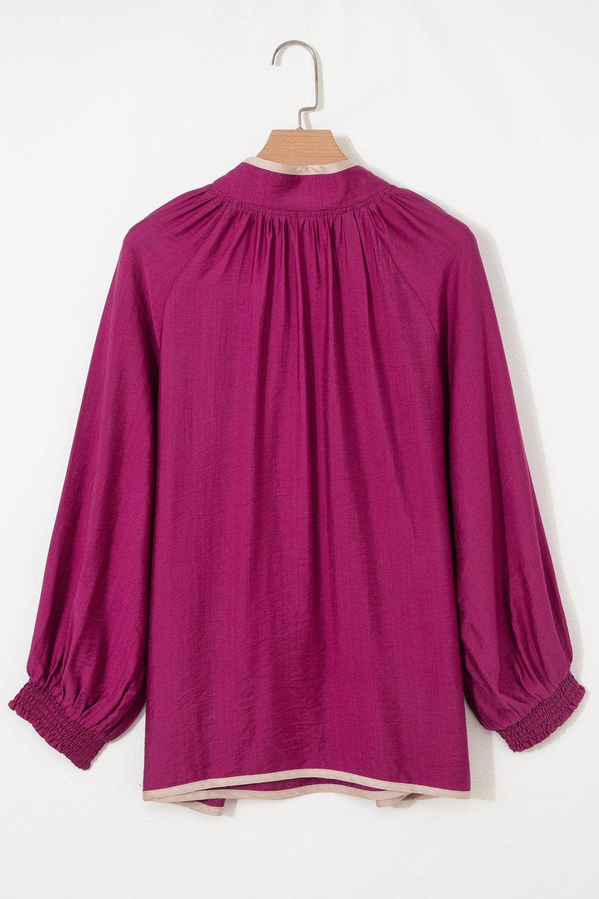 Wild Ginger Plus Size Contrast Trim Button V Neck Puffy Bracelet Sleeve Blouse