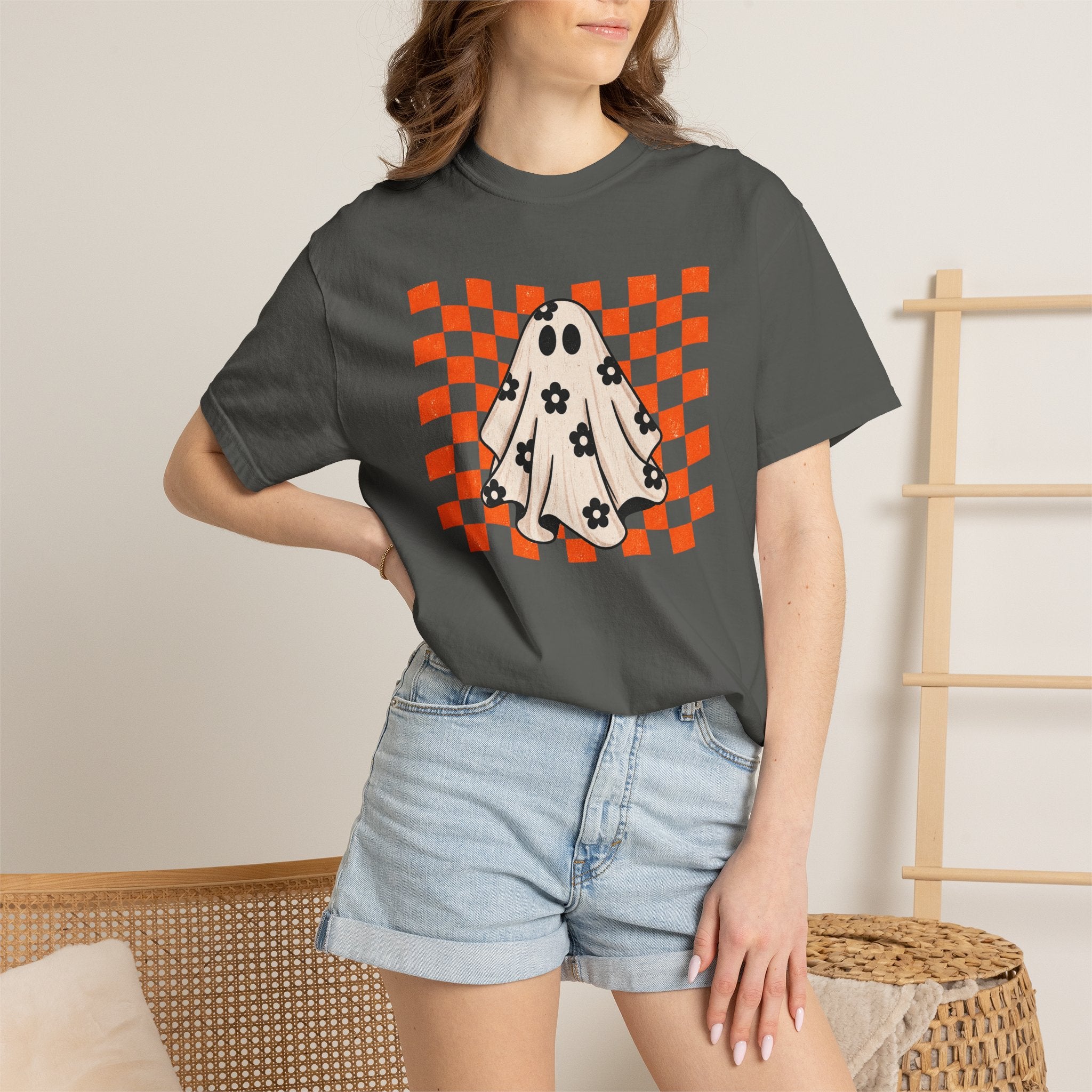 Ghost Character T‑Shirt — Cute Checkerboard Halloween Tee