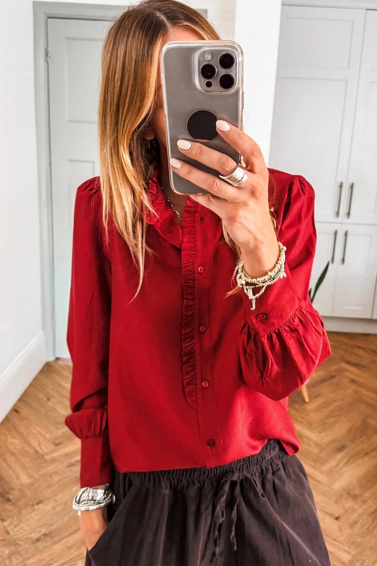 Fiery Red Frilled Trim Button Up Pleated Long Sleeve Shirt