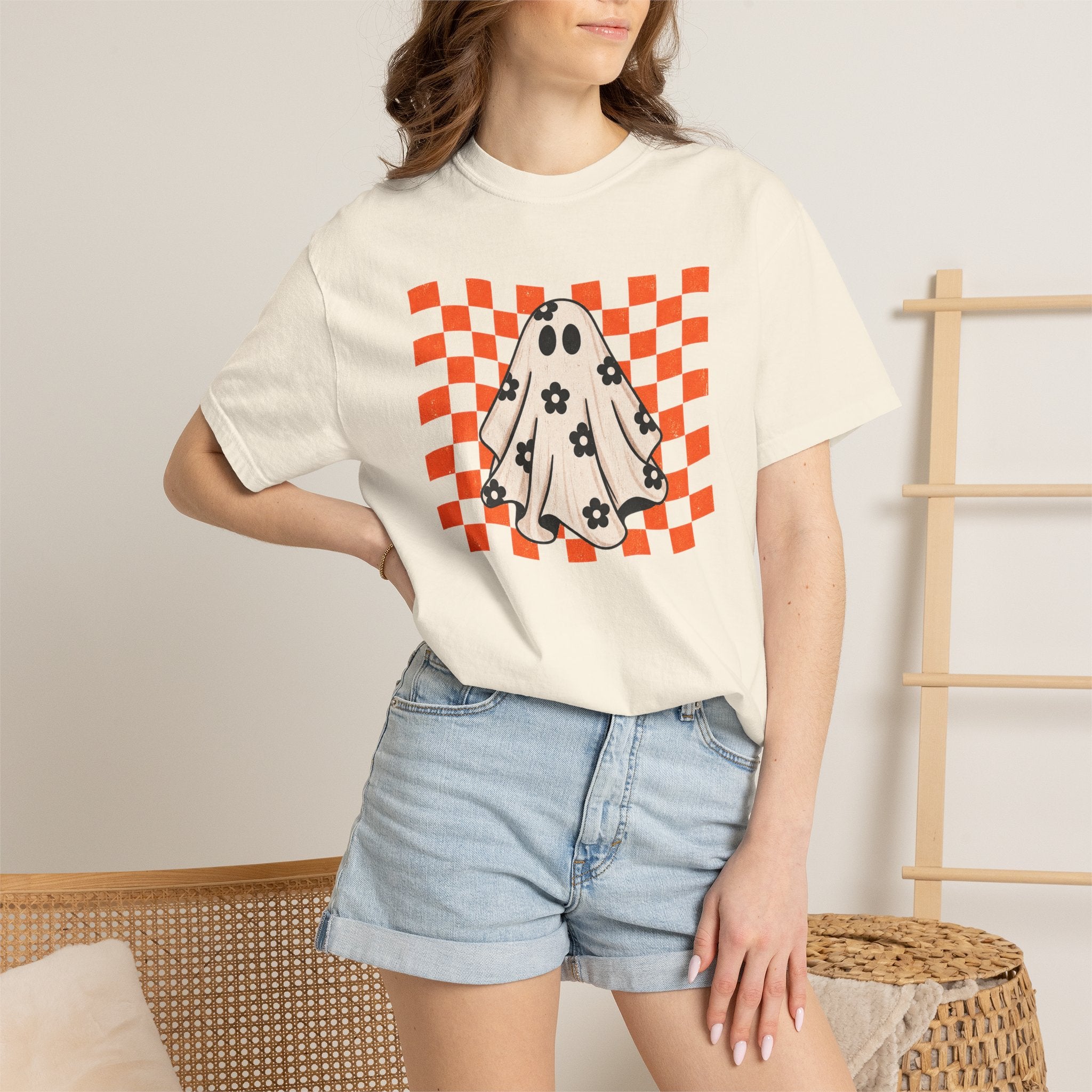 Ghost Character T‑Shirt — Cute Checkerboard Halloween Tee