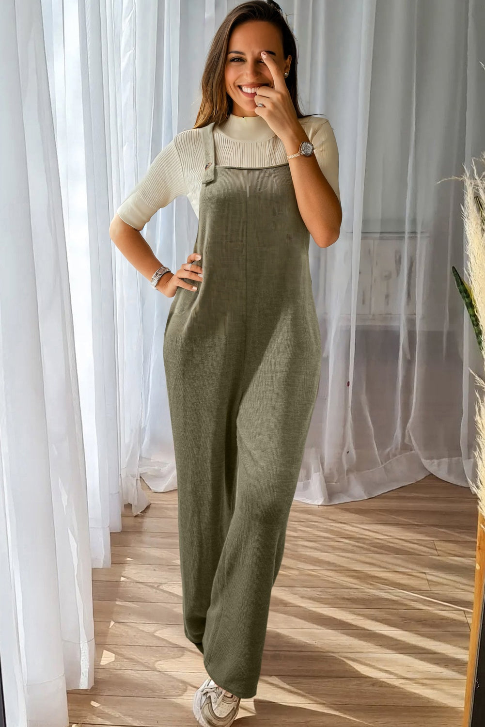 Laurel Green Solid Color Knit Loose Straight Leg Casual Overall Jumpsuit