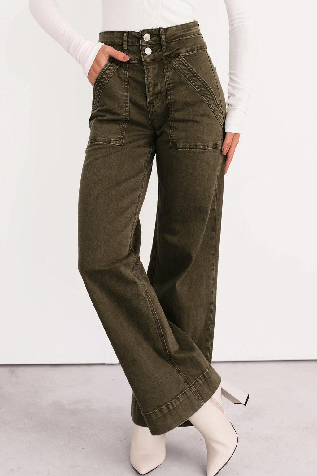 Jungle Green Double Waistband Loose Straight Jeans