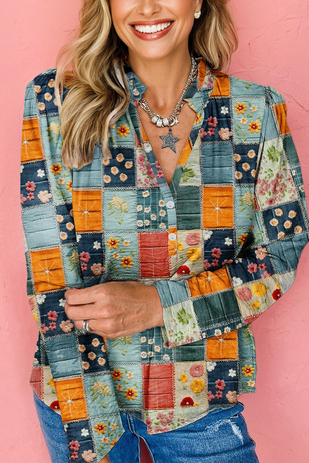 Sky Blue Fall Floral Half Placket Collared V Neck Blouse