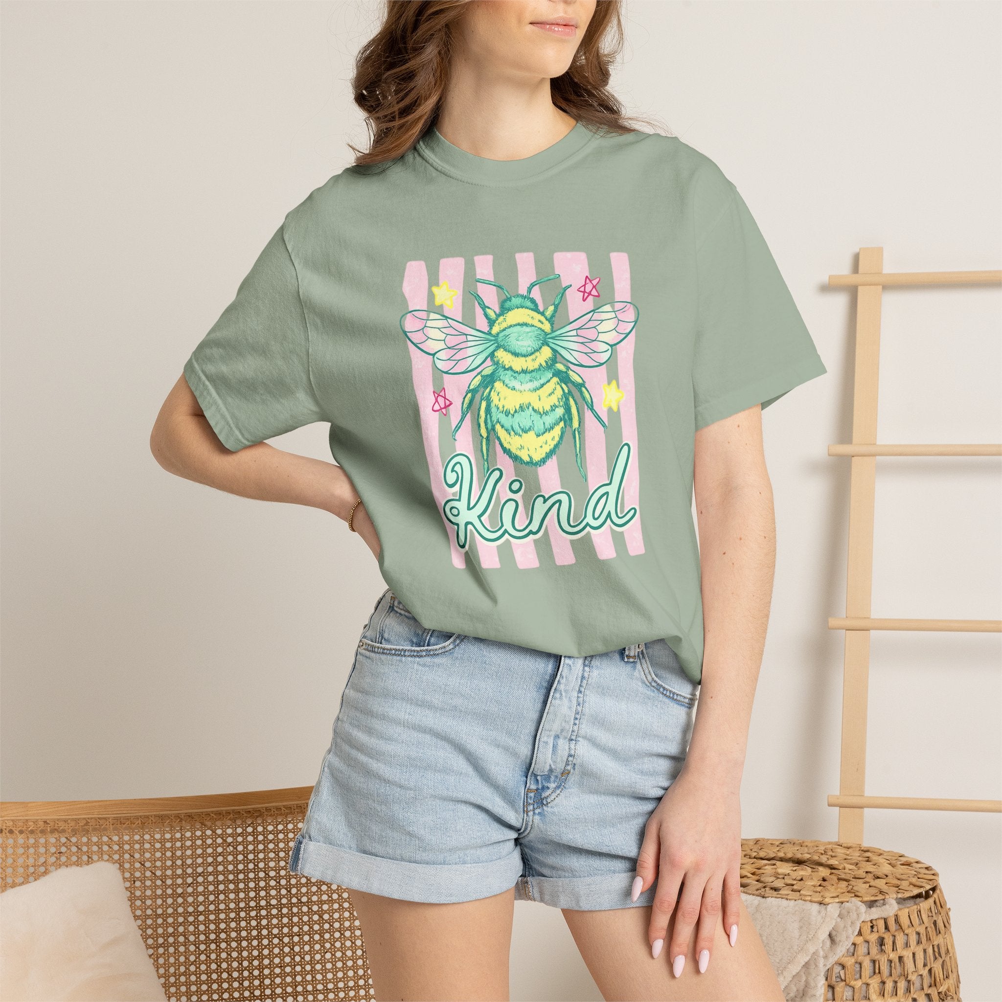 Kind Bee T-Shirt — Pastel Bee Graphic Tee with "Kind" Script