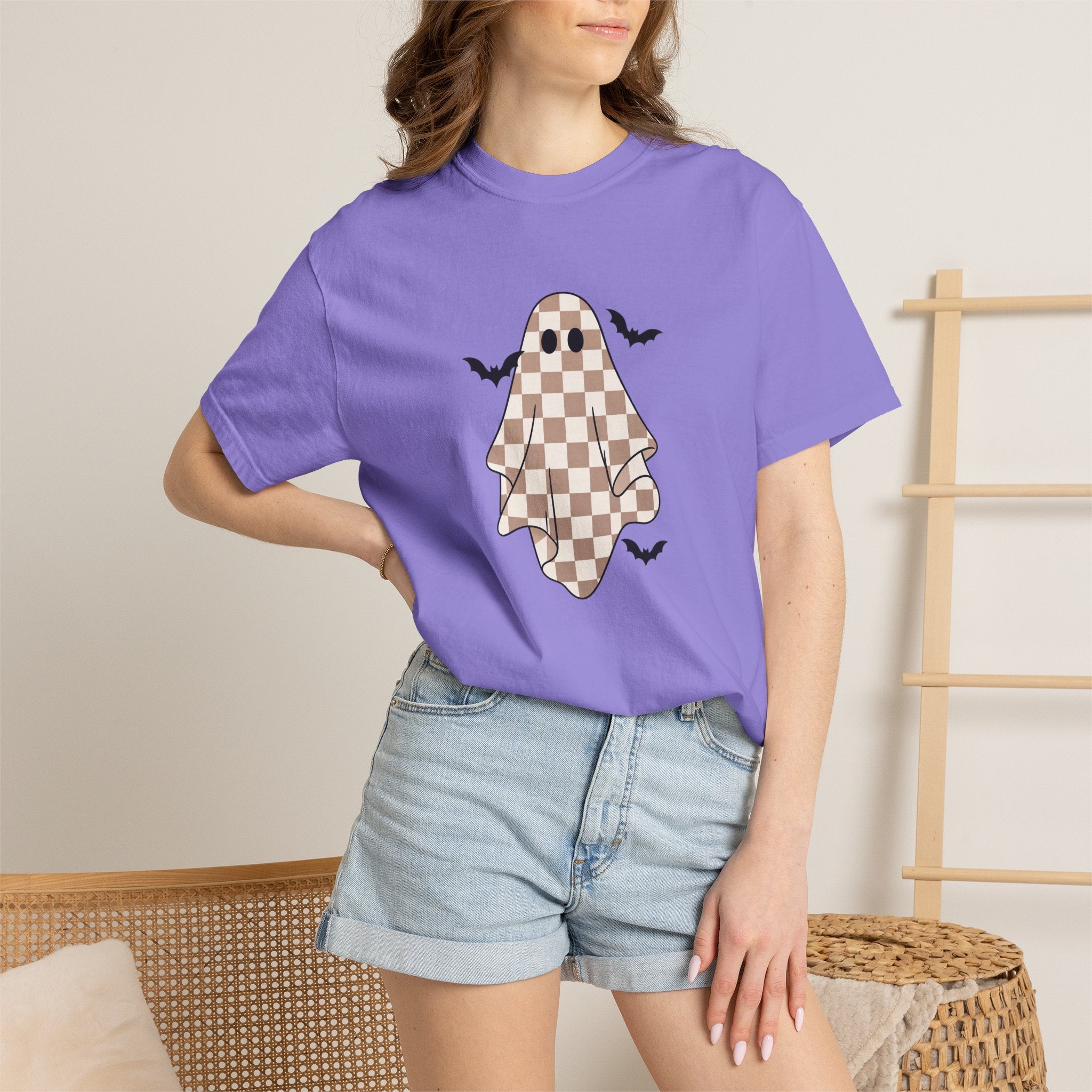Checkerboard Ghost T-Shirt — Cute Halloween Ghost Tee with Bats