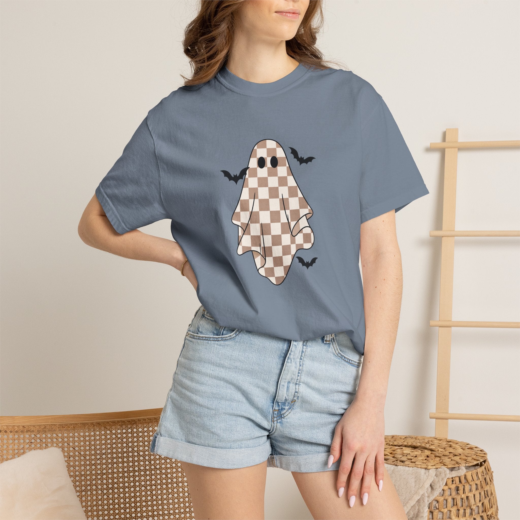 Checkerboard Ghost T-Shirt — Cute Halloween Ghost Tee with Bats
