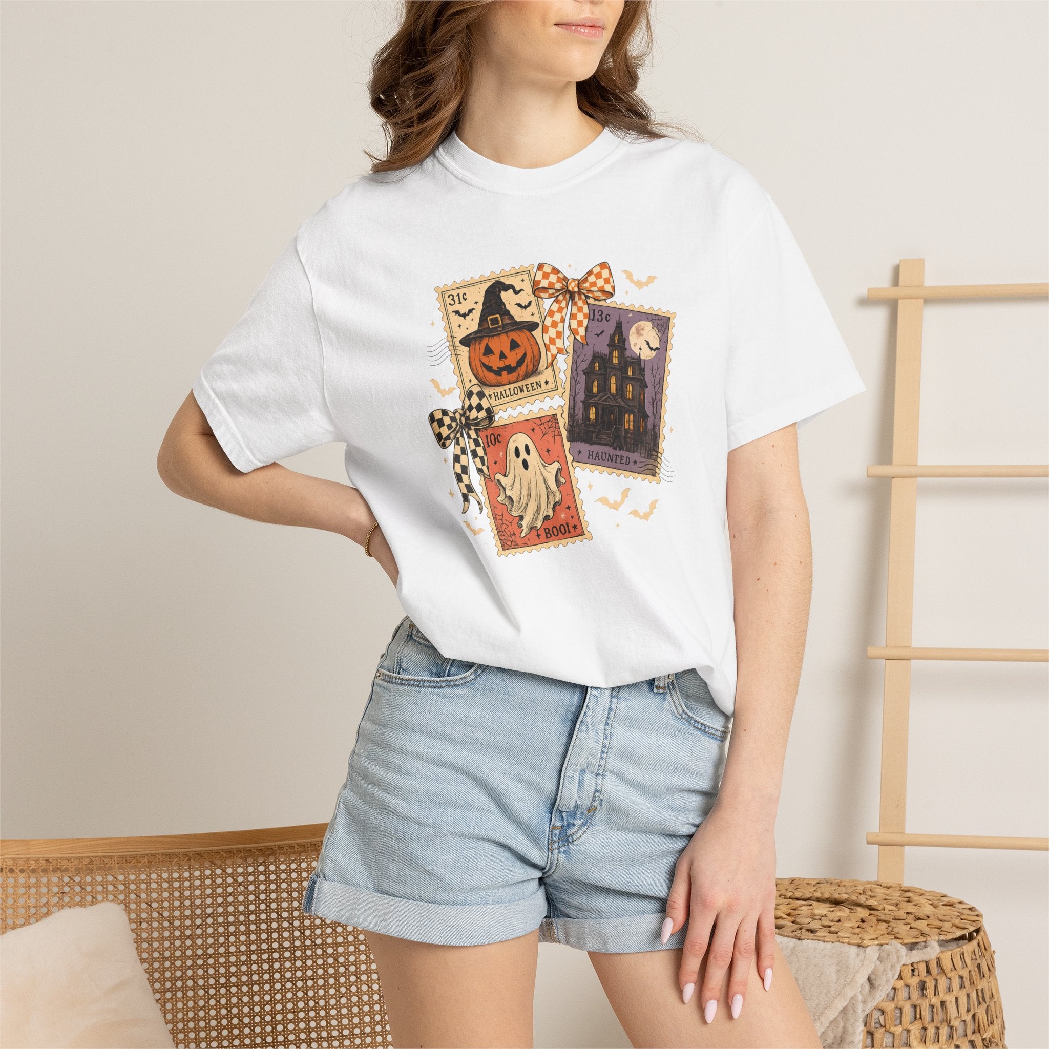 Halloween Postcard T-Shirt — Vintage Jack-o'-Lantern & Ghost Graphic