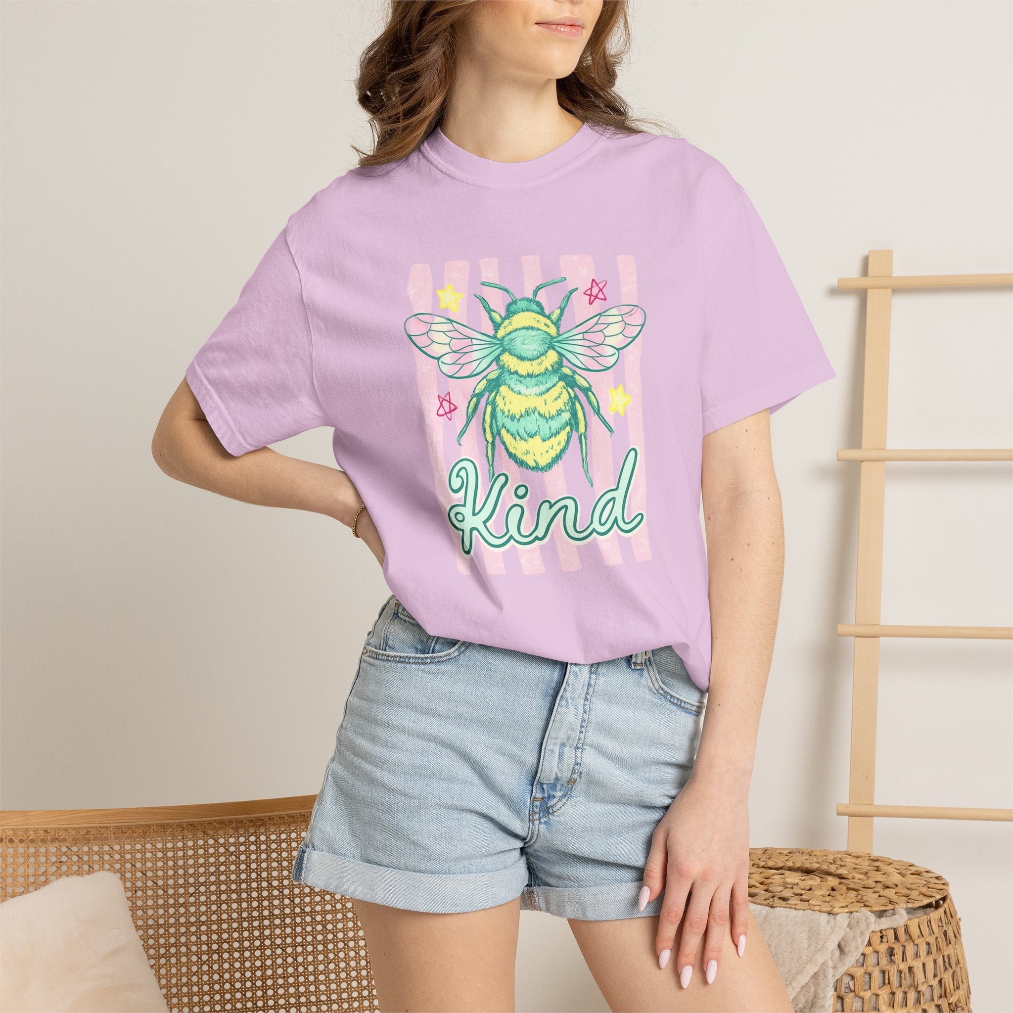 Kind Bee T-Shirt — Pastel Bee Graphic Tee with "Kind" Script