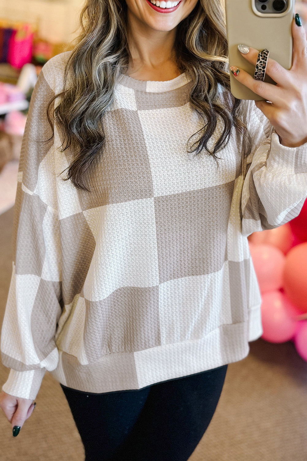 Khaki Checkered Print Breathable Textured Long Sleeve Top