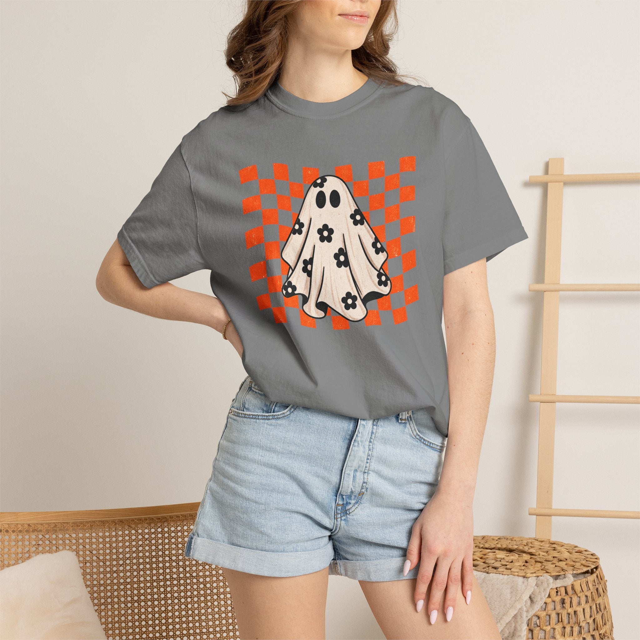 Ghost Character T‑Shirt — Cute Checkerboard Halloween Tee