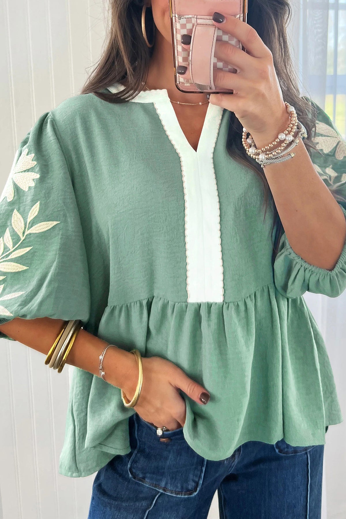 Smoke Green Color Block Patchwork V Neck Embroidered Puff Sleeve Babydoll Blouse