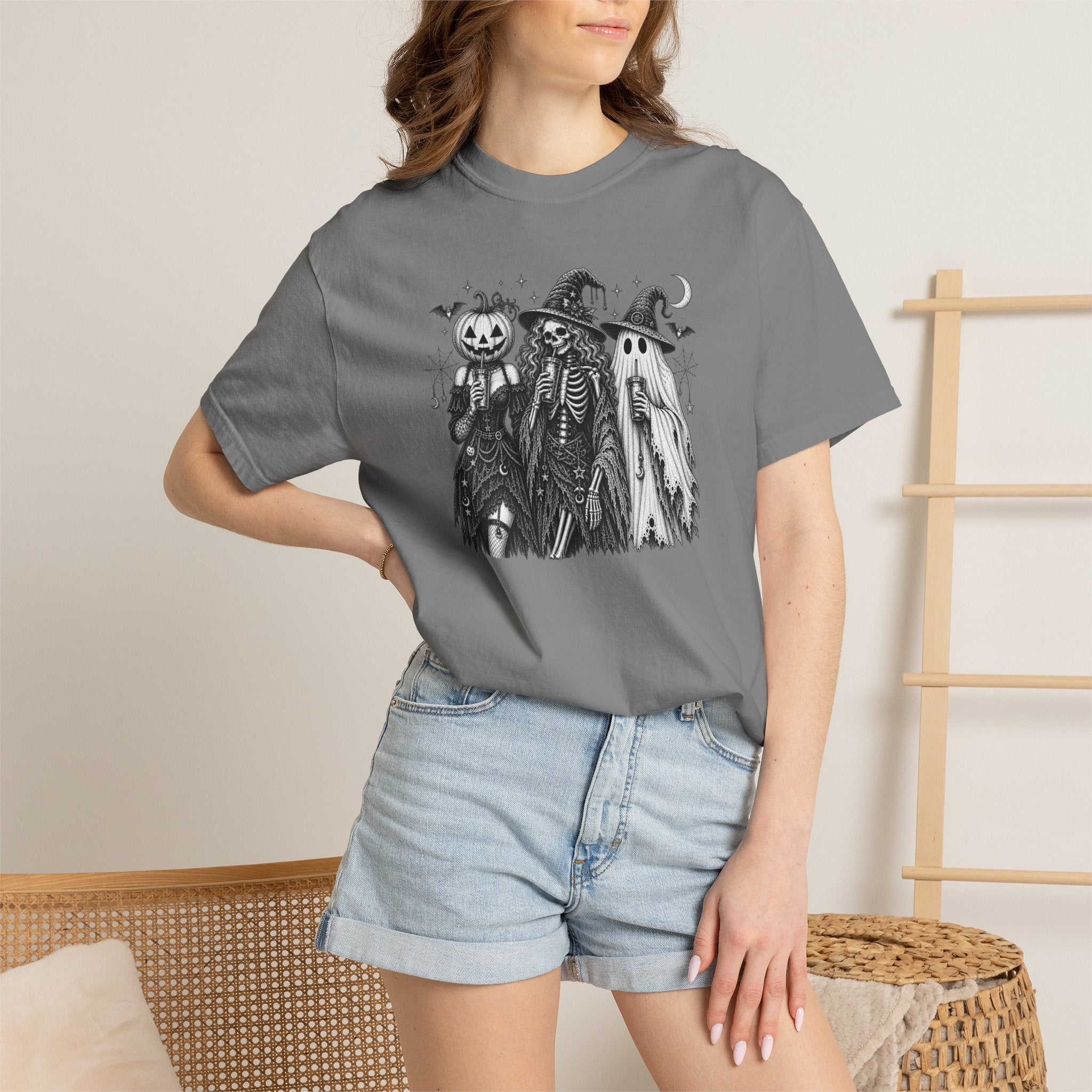 Halloween Trio Skeletons Graphic T-Shirt — Spooky Witch, Pumpkin & Ghost Tee