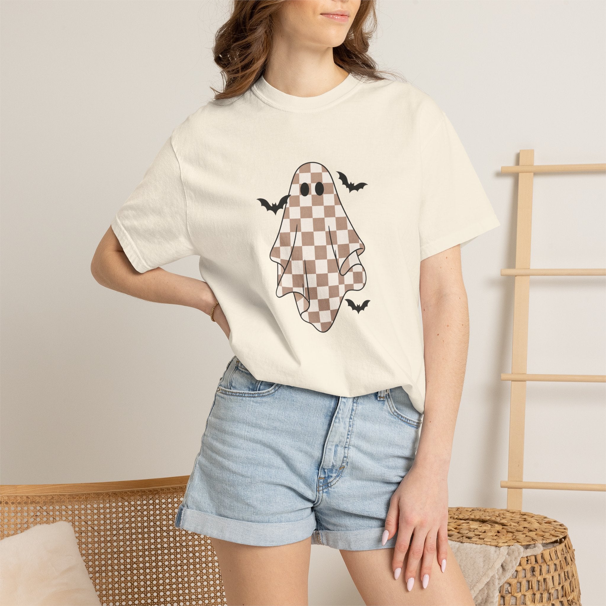 Checkerboard Ghost T-Shirt — Cute Halloween Ghost Tee with Bats