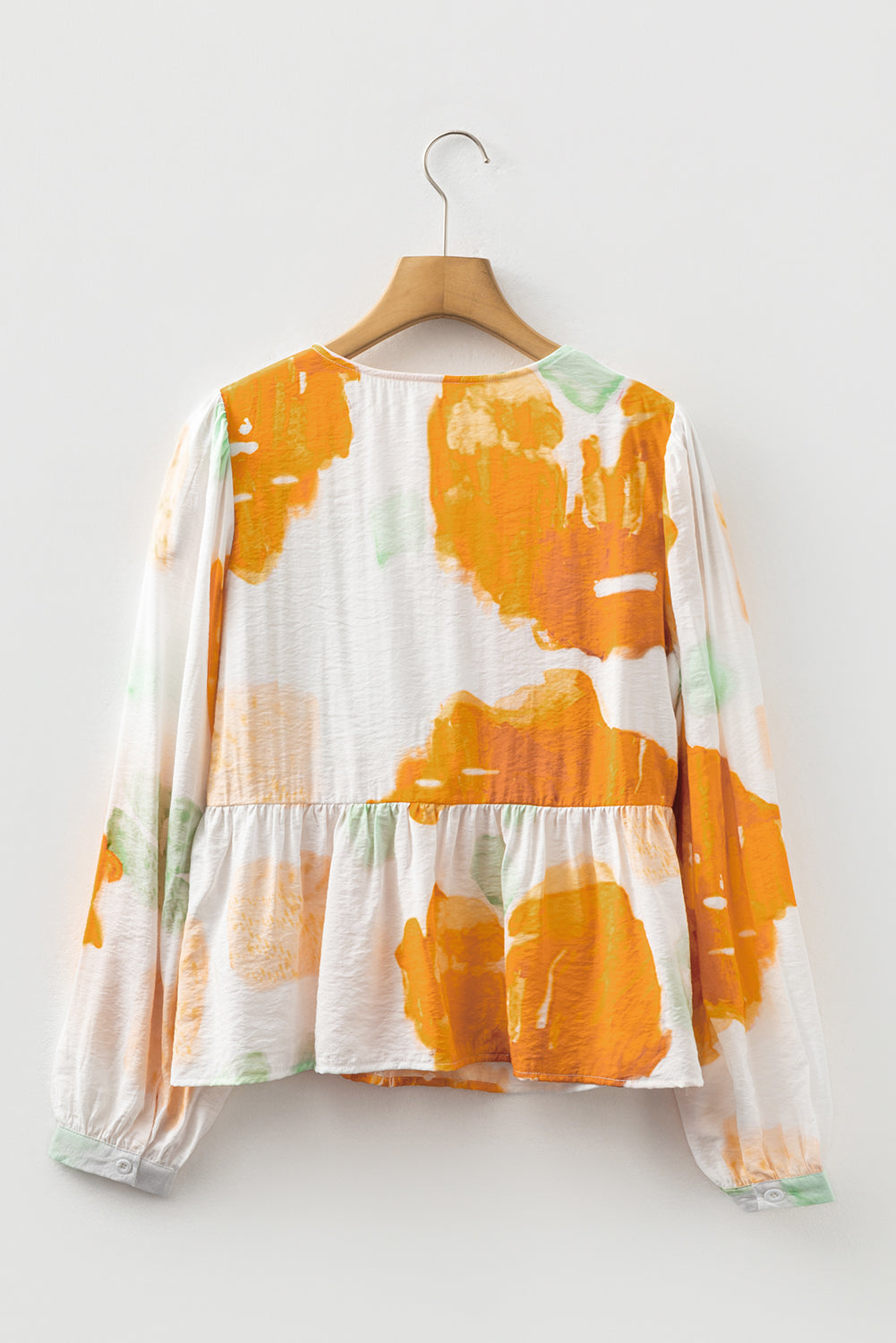 Carrot Abstract Floral Print Bow Tie Long Puff Sleeve Blouse