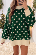 Green Polka Dot Pattern Ribbed Colorblock Trim Split Tunic Sweater