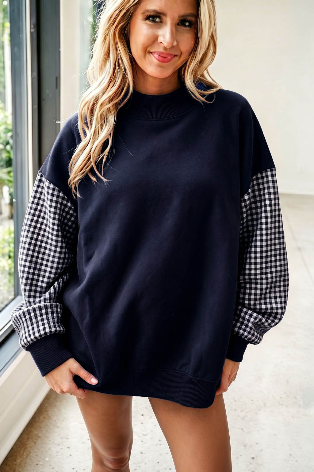 Evergreen Plaid Sleeve Colorblock Loose Tunic Sweatshirt