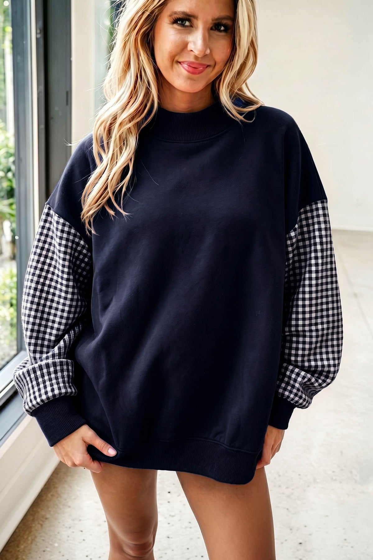 Evergreen Plaid Sleeve Colorblock Loose Tunic Sweatshirt
