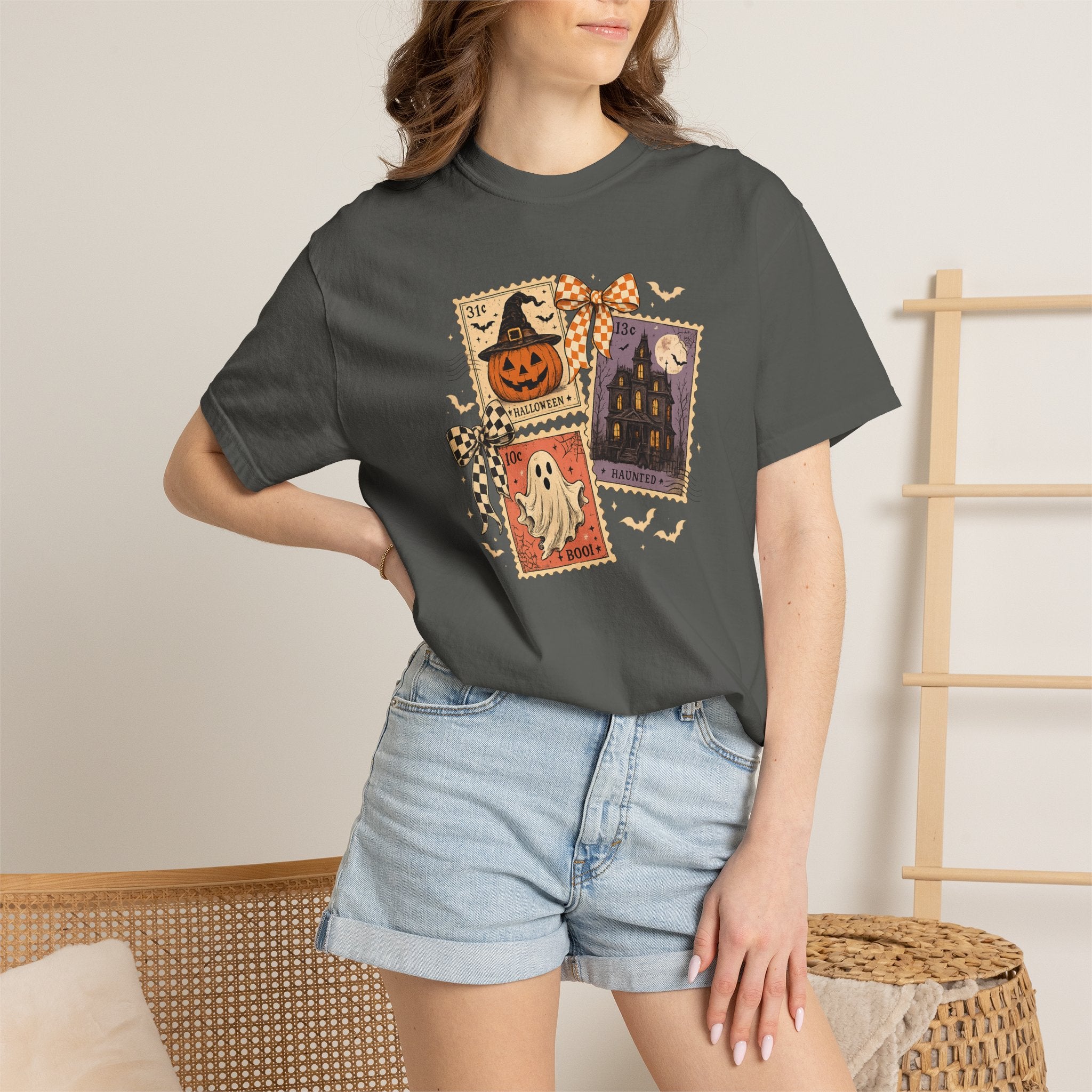 Halloween Postcard T-Shirt — Vintage Jack-o'-Lantern & Ghost Graphic