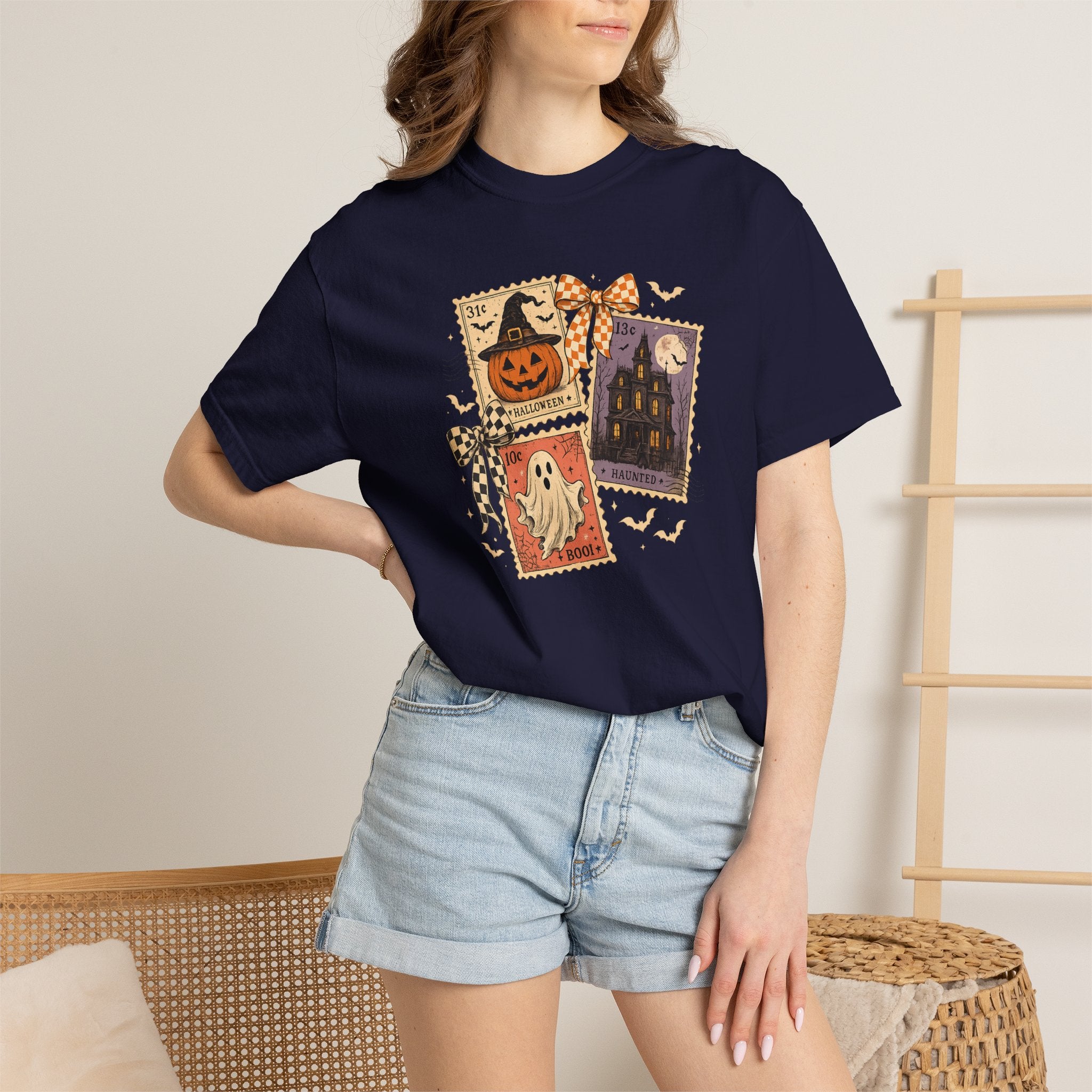 Halloween Postcard T-Shirt — Vintage Jack-o'-Lantern & Ghost Graphic