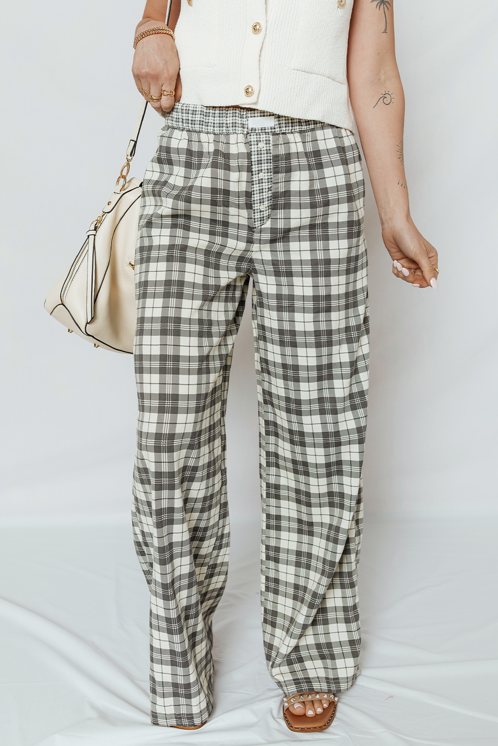Gray Plaid Wide Leg Casual Pants