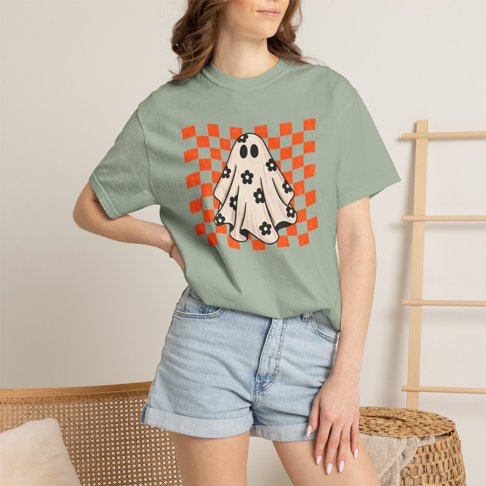 Ghost Character T‑Shirt — Cute Checkerboard Halloween Tee