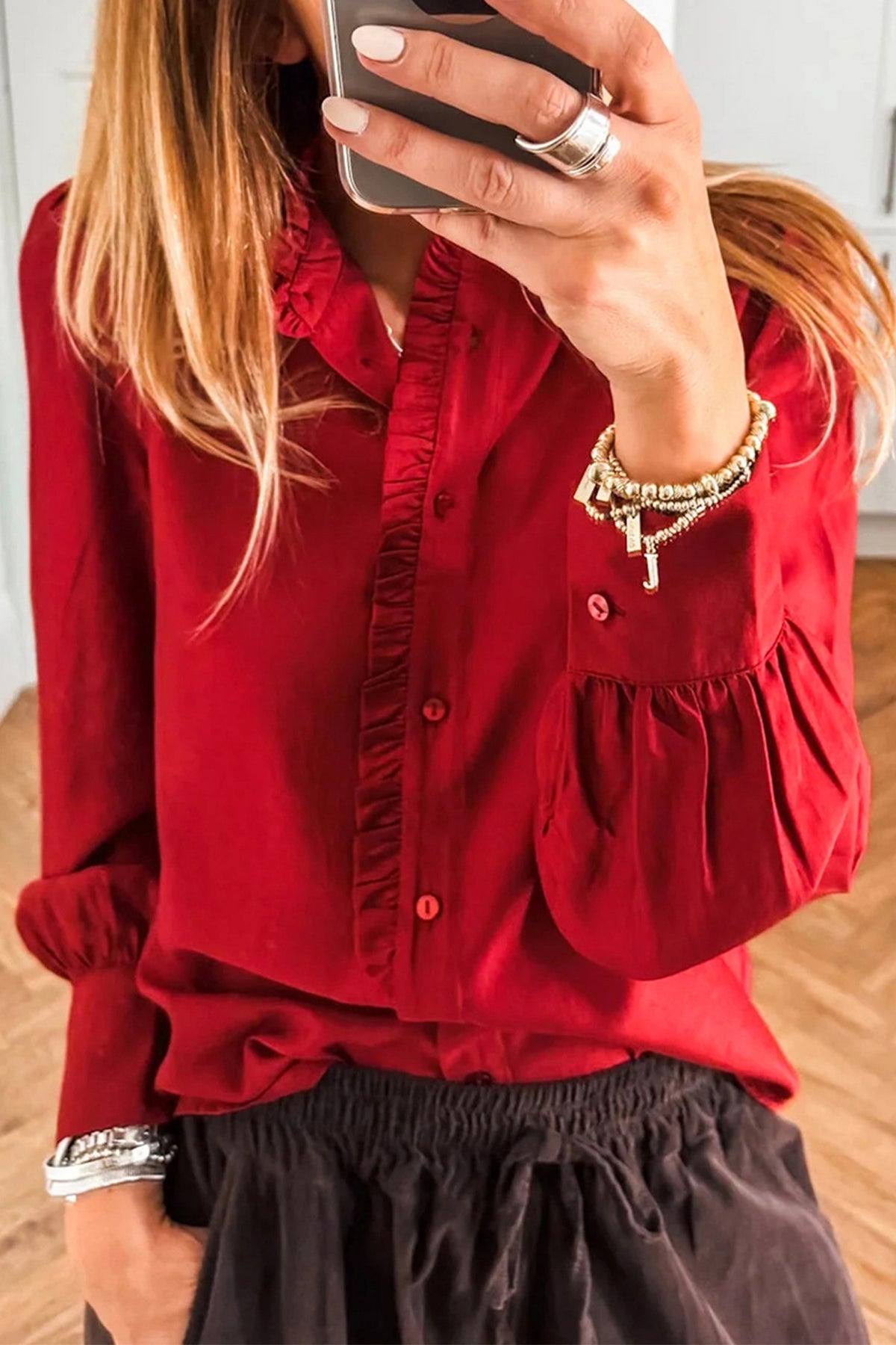 Fiery Red Frilled Trim Button Up Pleated Long Sleeve Shirt