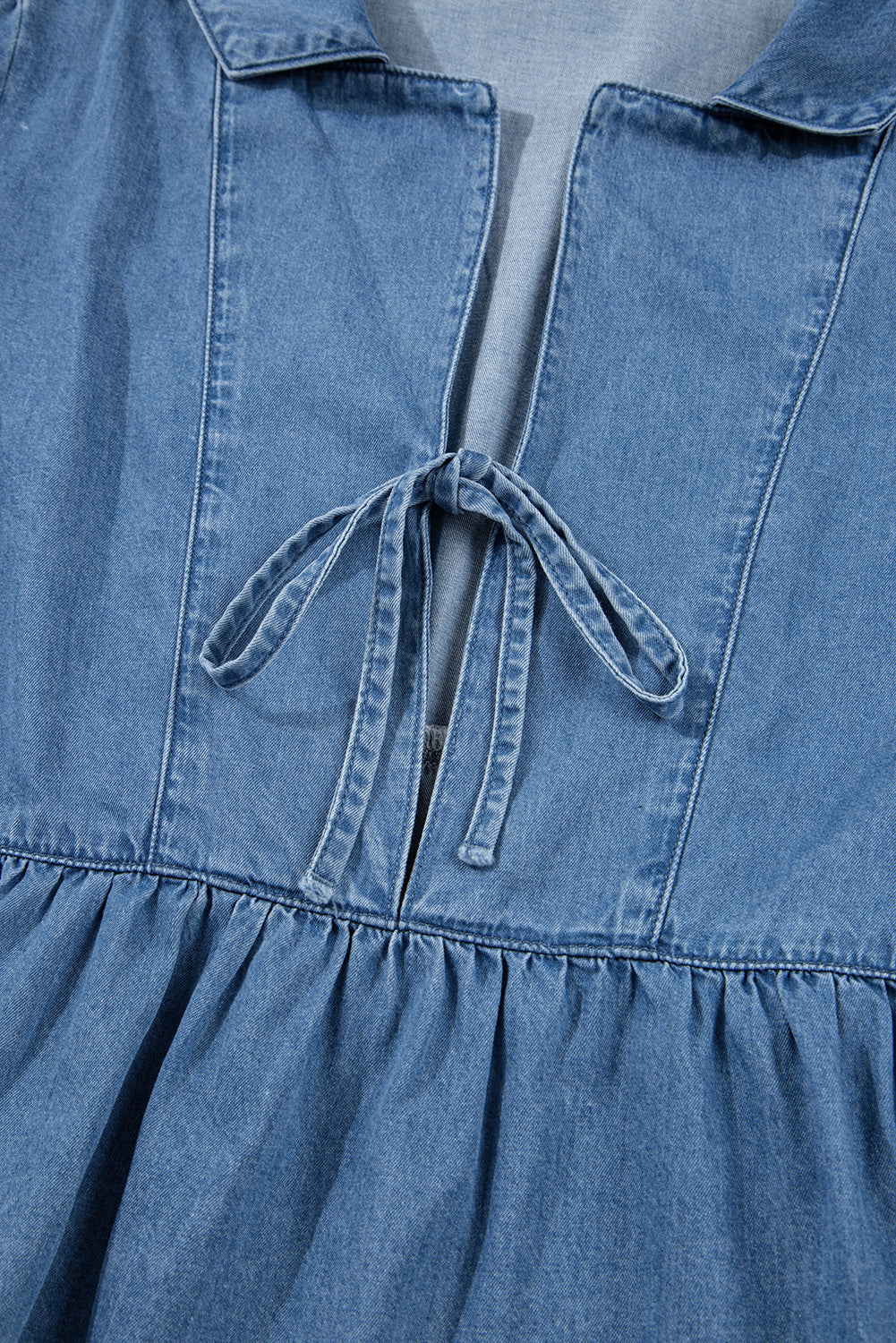 Dusk Blue Denim Lapel Neck Balloon Sleeve Tied Peplum Top
