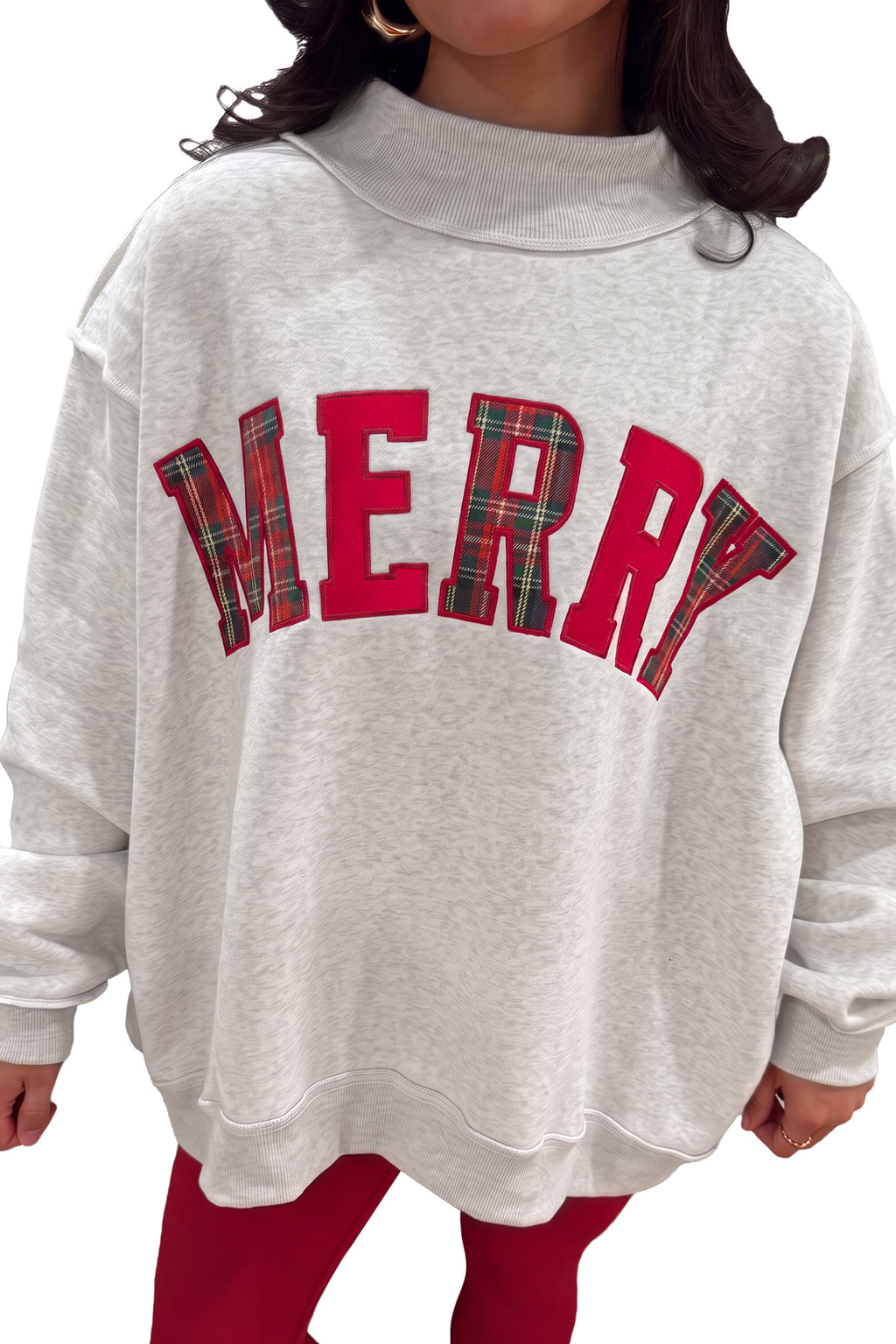 Gray MERRY Embroidered Letter High Neck Tunic Pullover Sweatshirt