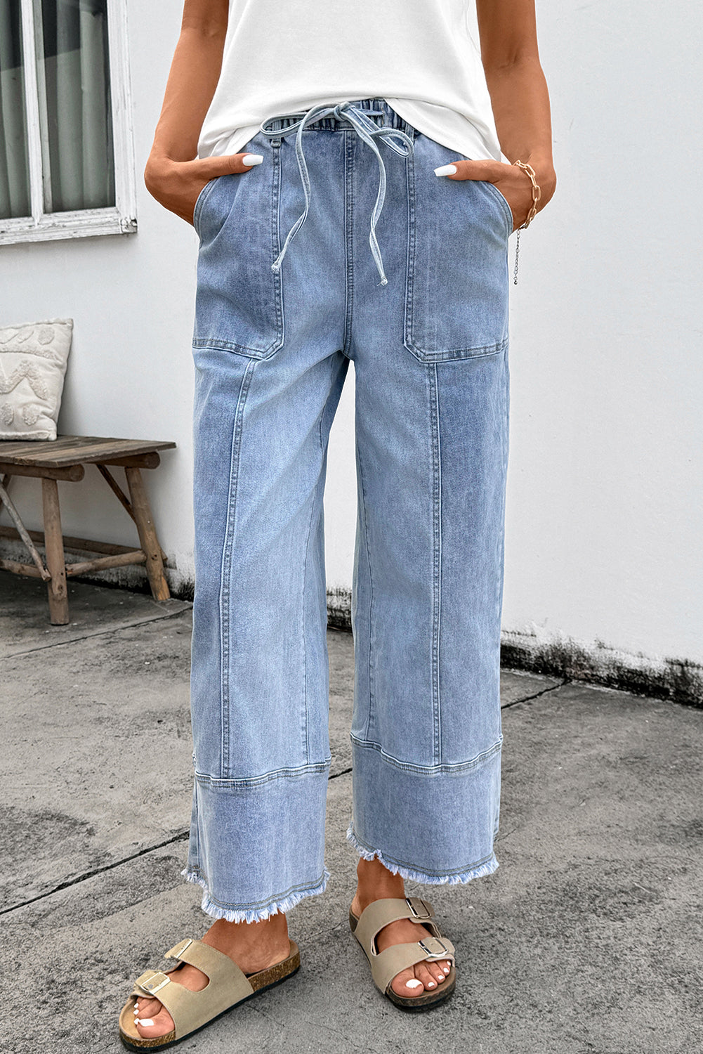 Beau Blue Drawstring Seam Detail Raw Hem Wide Leg Denim Pants