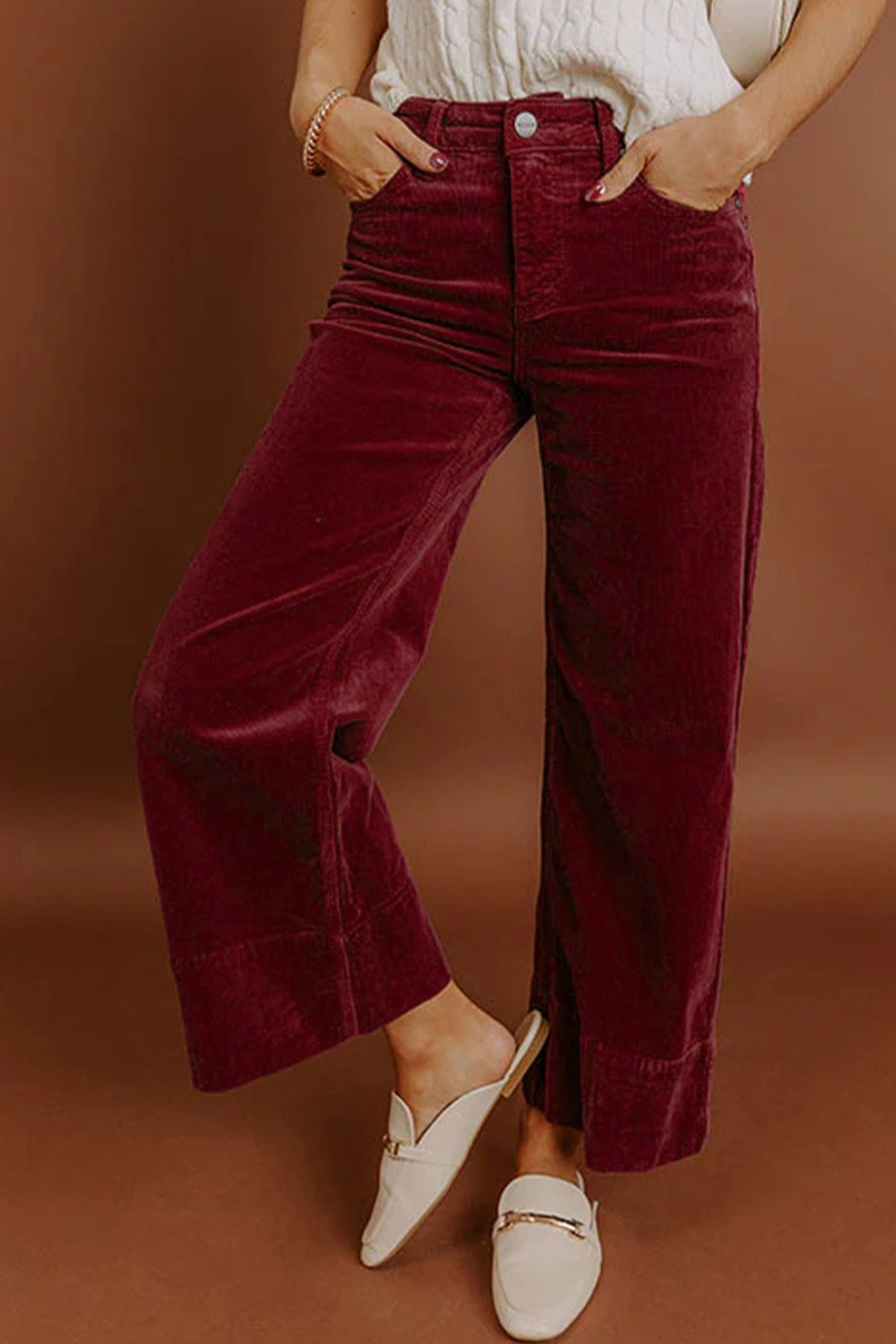 Burgundy Corduroy Solid Color High Waist Wide Leg Pants