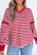 Red Stripe Exposed Seam V Neck Balloon Sleeve Pullover