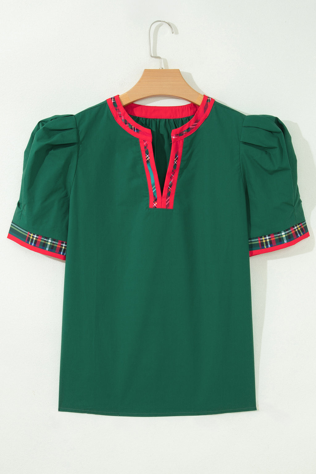 Evergreen Plaid Trim V Neck Short Sleeve Shift Blouse