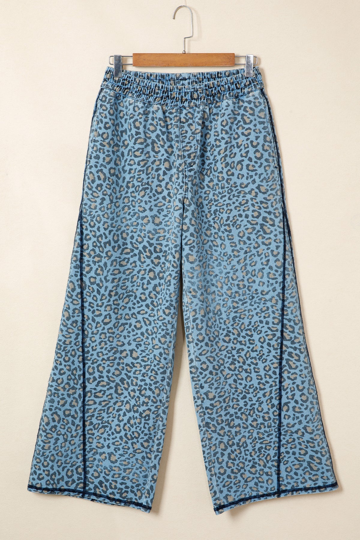 Blue Leopard Print Exposed Seam Detail Wide Leg Drawstring Jeans