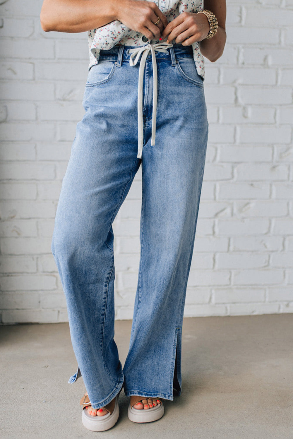 Myosotis Slit Leg High Rise Drawstring Casual Jeans