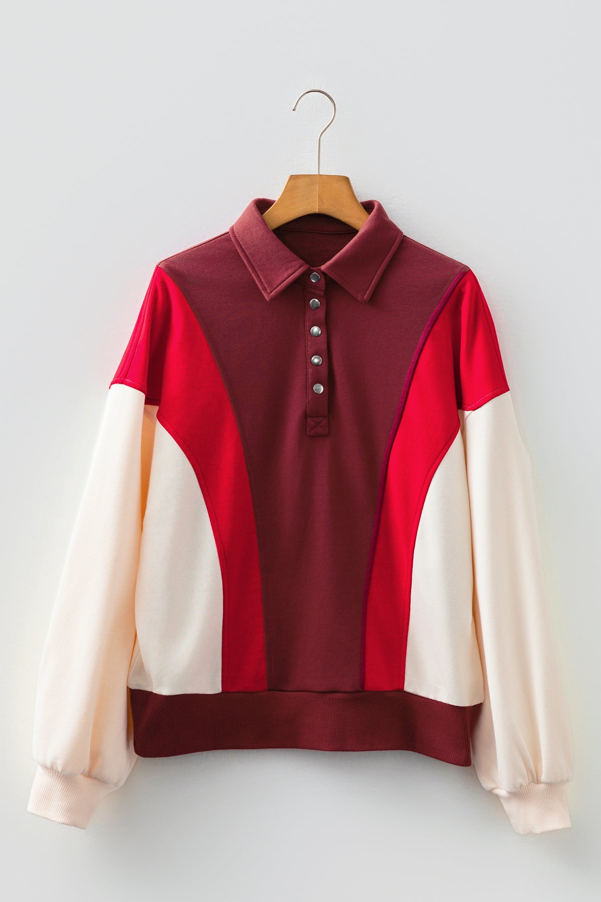 Fiery Red Color Block Patchwork Snap Button Polo Sweatshirt