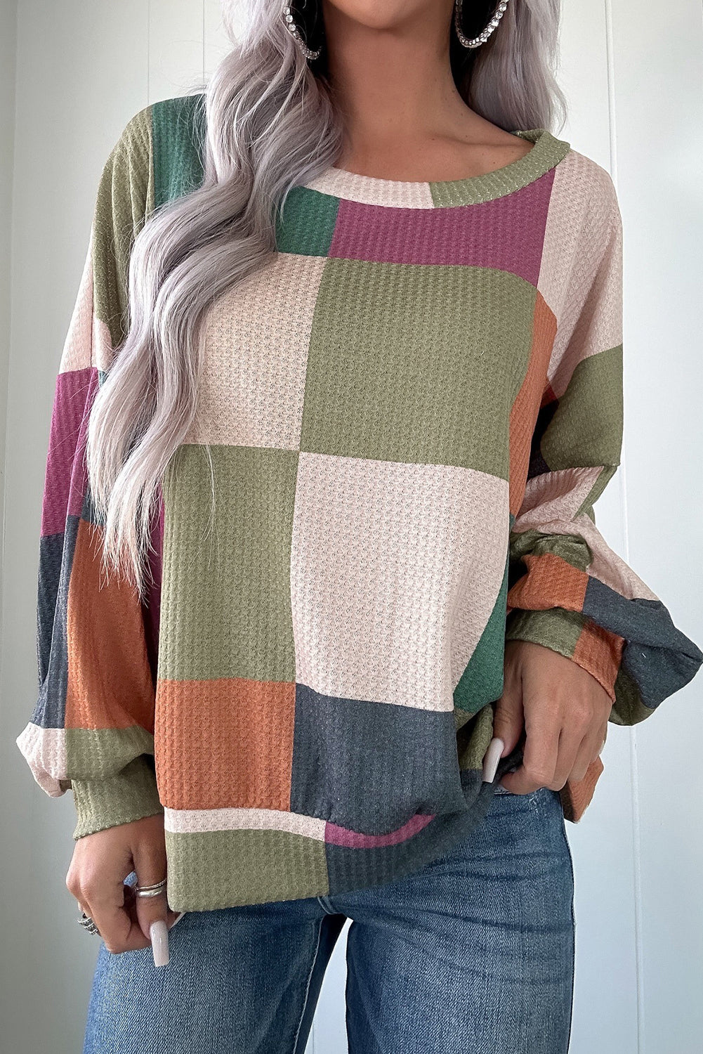 Green Checkered Print Textured Knit Long Sleeve Loose Top