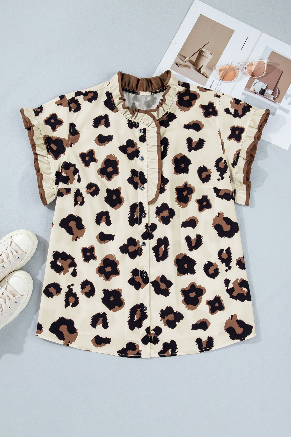 Khaki Plus Size Leopard Print Frilled Color Block Trim Button Down Short Sleeve Blouse