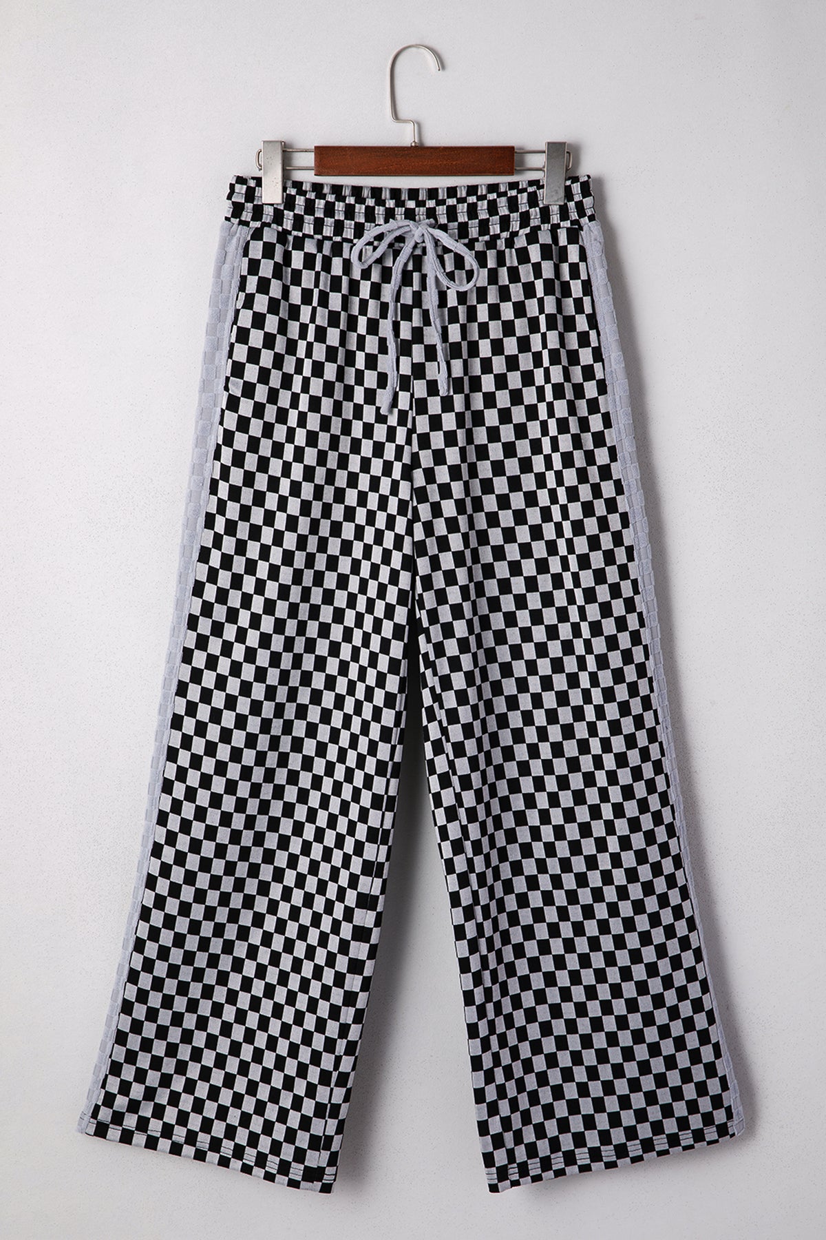 White Checkerboard Drawstring Waist Casual Pants