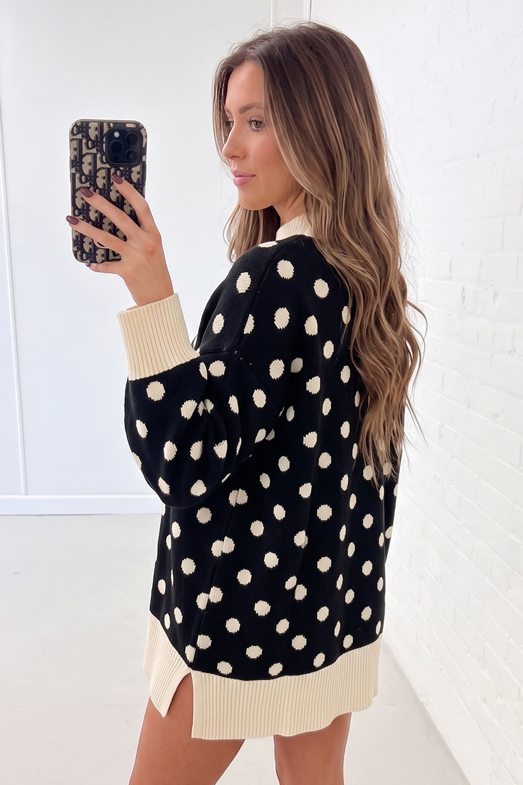 Green Polka Dot Pattern Ribbed Colorblock Trim Split Tunic Sweater
