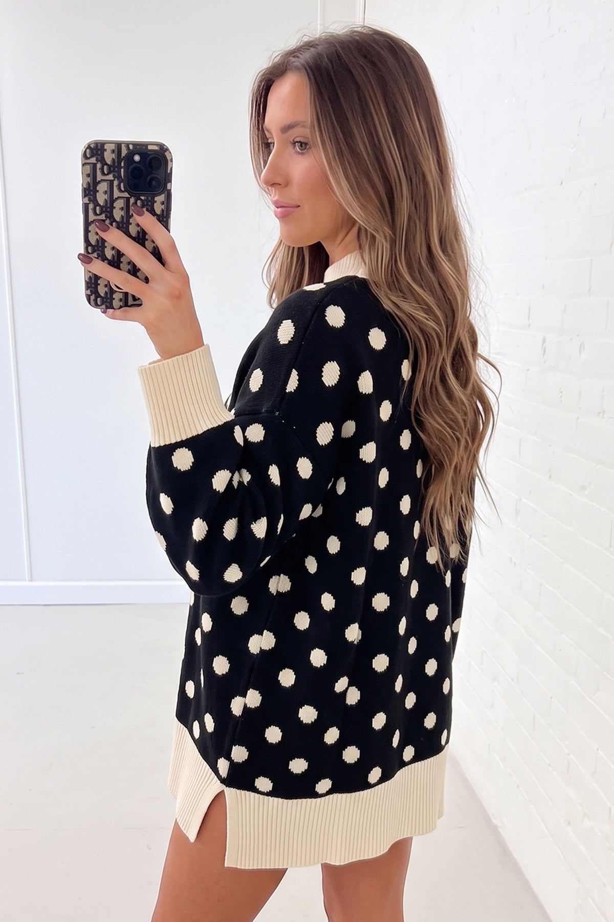 Green Polka Dot Pattern Ribbed Colorblock Trim Split Tunic Sweater