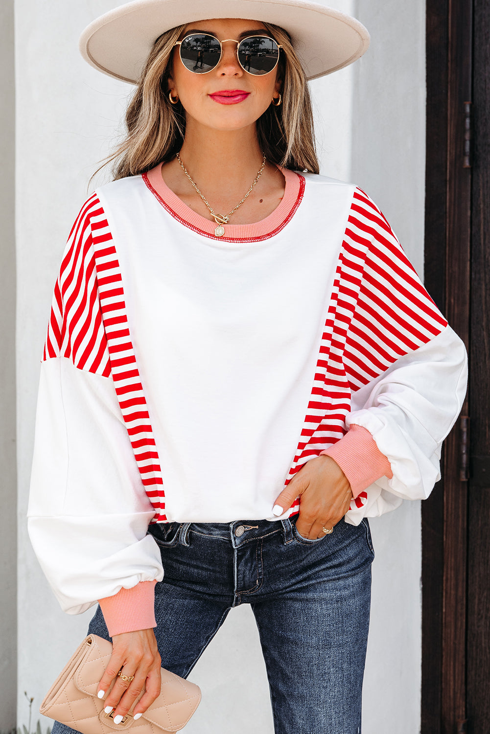 White Stripe Colorblock Patchwork Contrast Stitching Oversize Sweatshirt