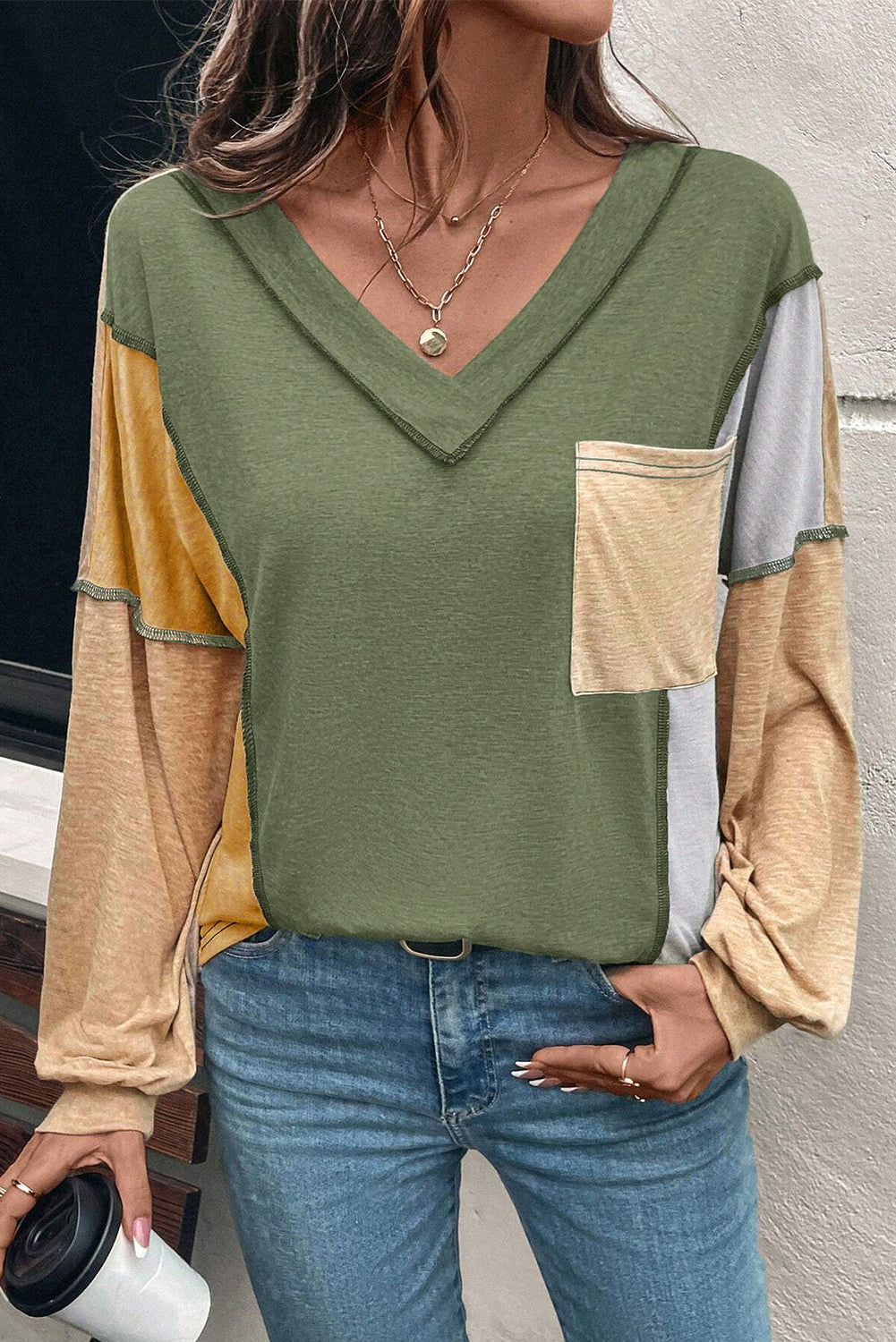 Four Leaf Clover Exposed Stitching Colorblock V Neck Long Sleeve Top
