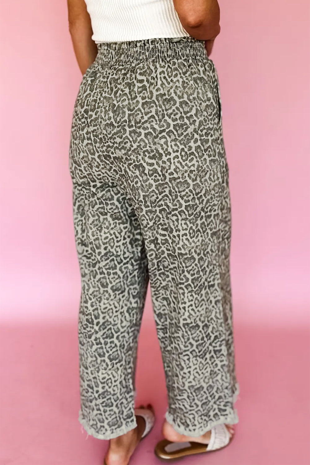 Brown Leopard Print Raw Hem Elastic Waist Loose Pull On Jeans