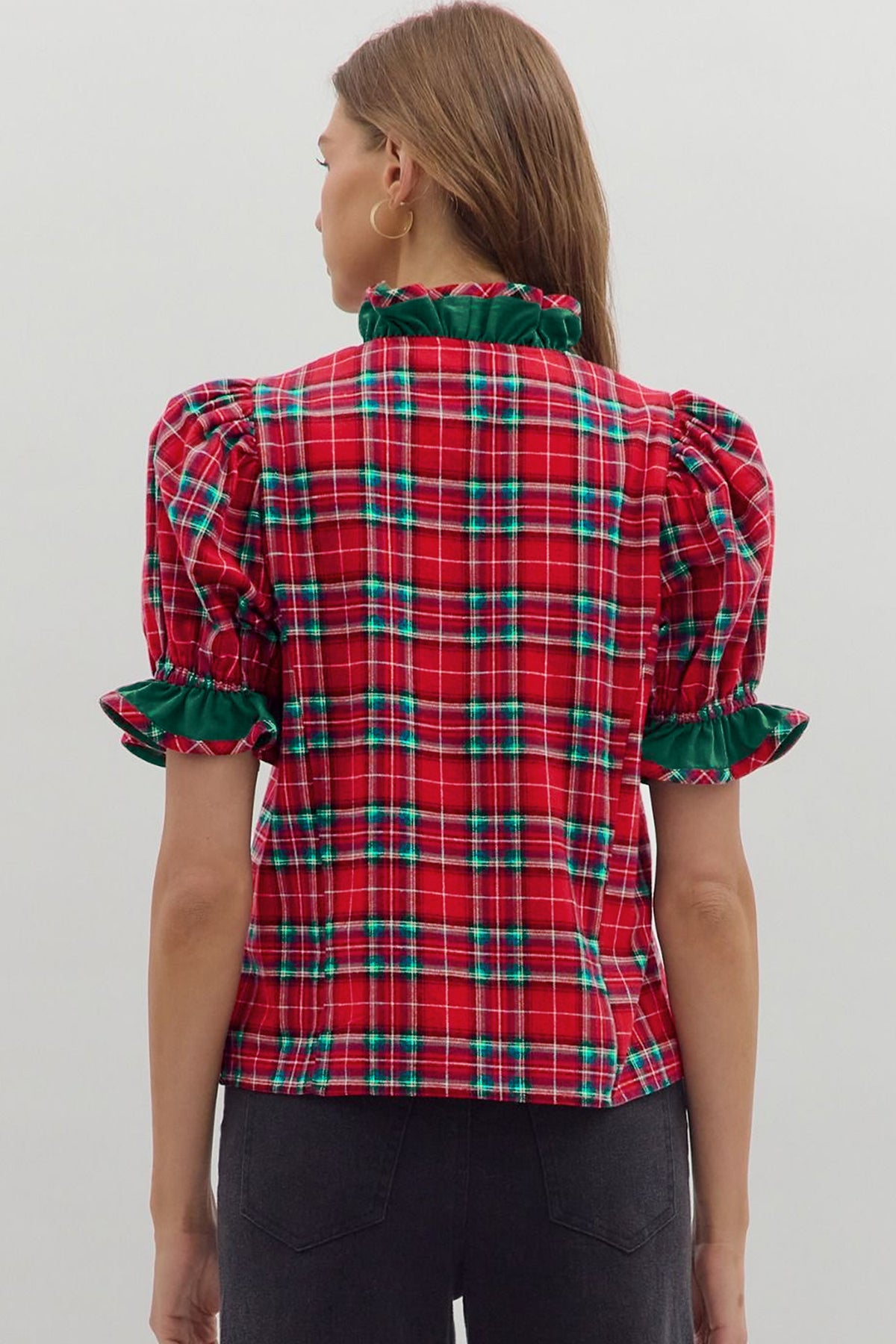Red Plaid V Neck Ruffle Color Block Trim Short Sleeve Shirt