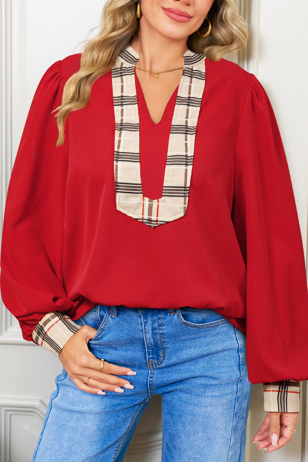 Racing Red Contrast Plaid Patchwork V Neck Long Sleeve Blouse