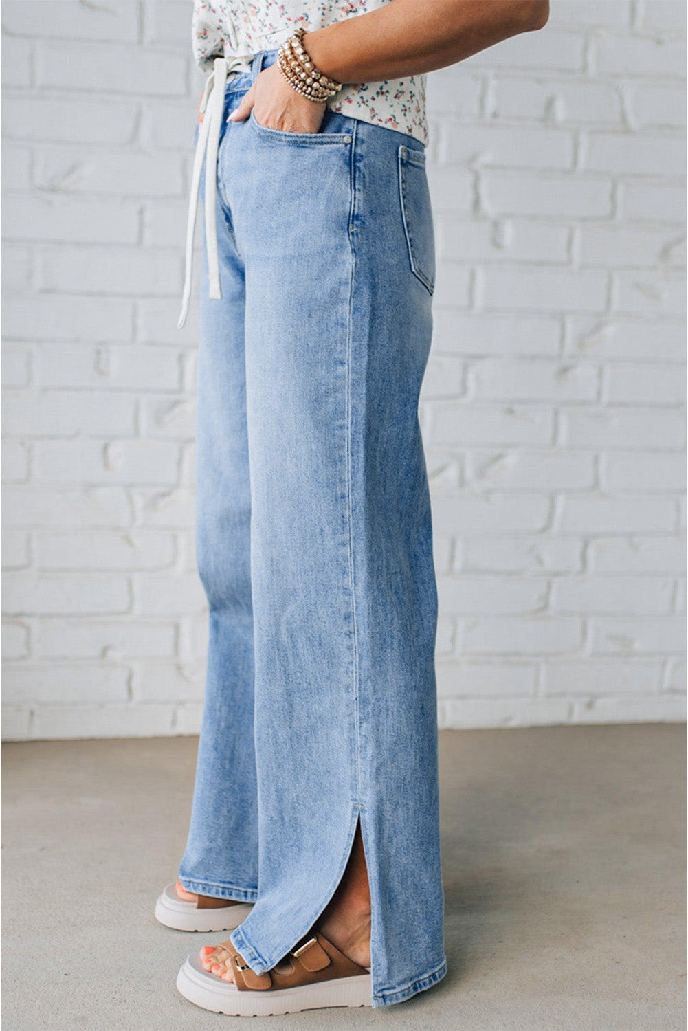 Myosotis Slit Leg High Rise Drawstring Casual Jeans