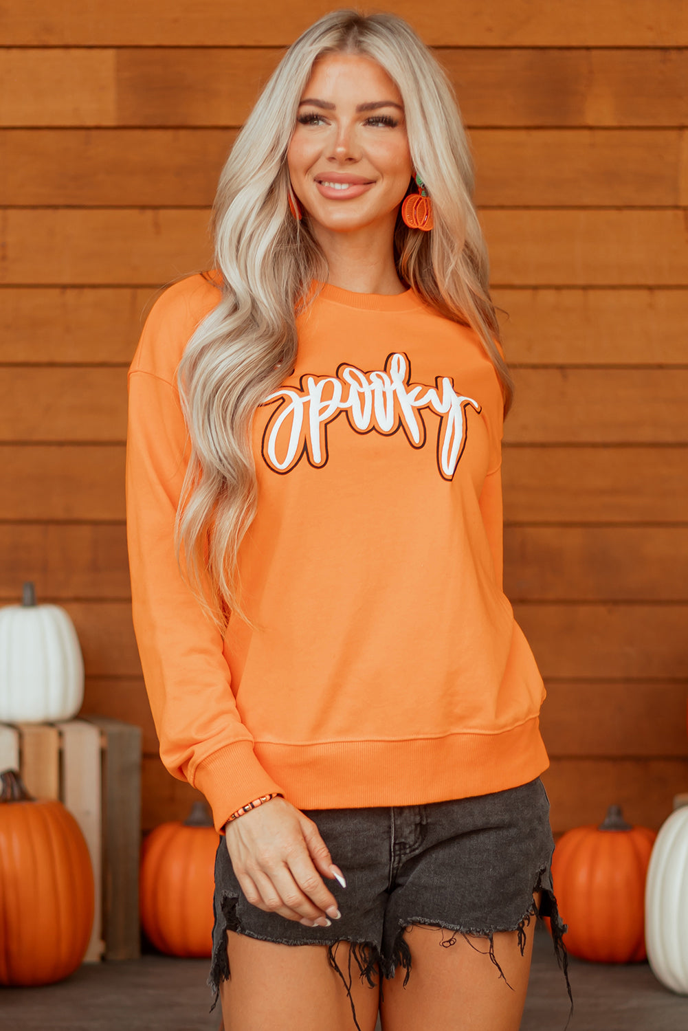 Grapefruit Orange Spooky Graphic Halloween Crew Neck Holiday Sweatshirt