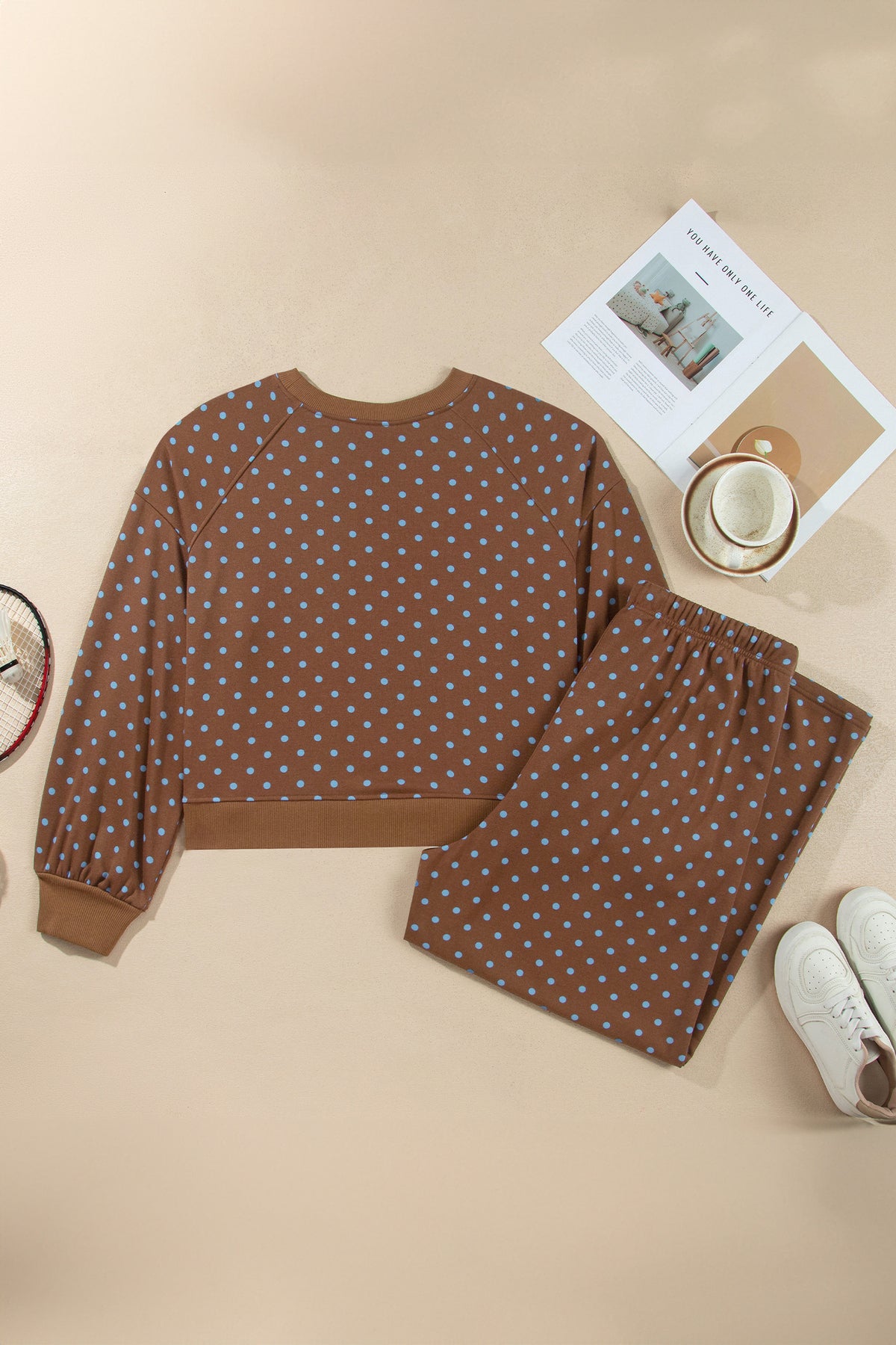 Brown Polka Dot Round Neck Long Sleeve Plus Size Set