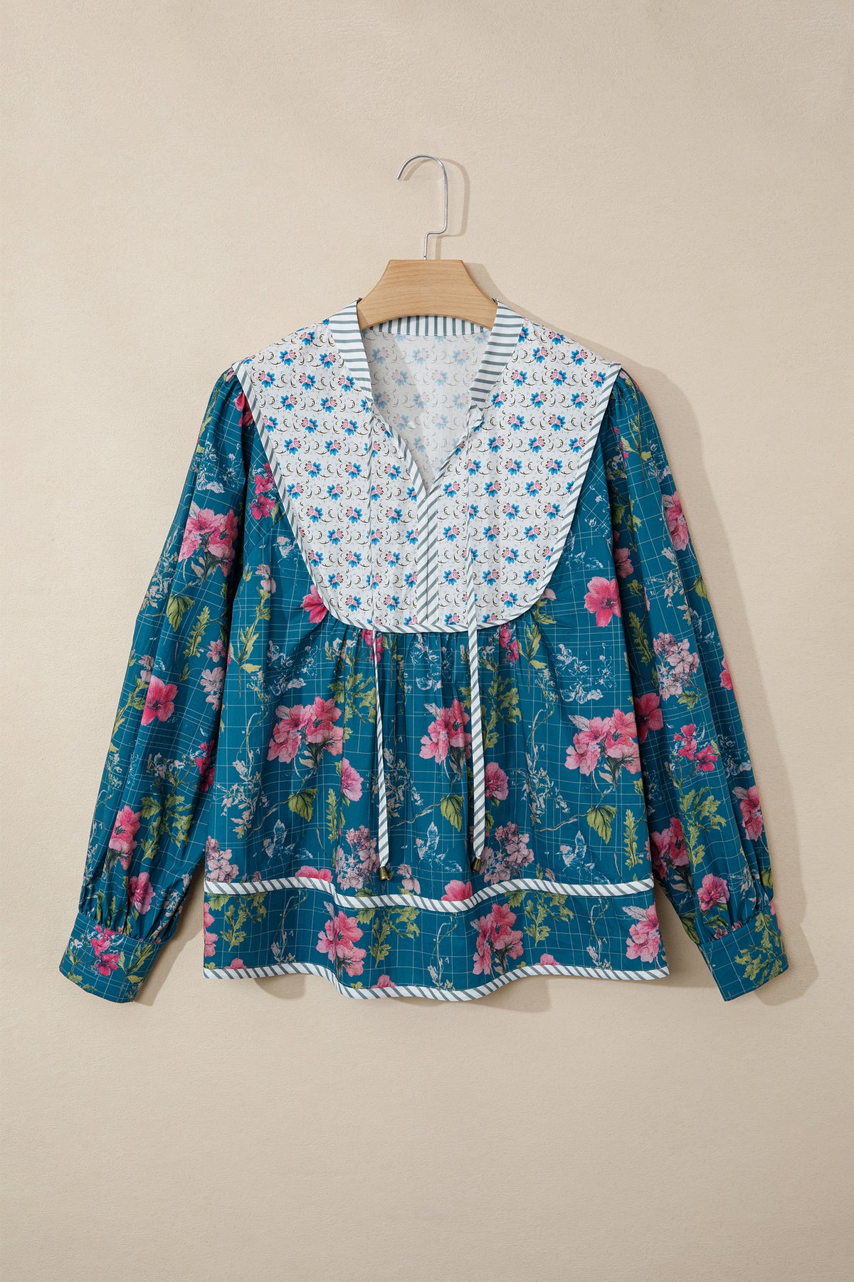 Sky Blue Floral Print Contrast Yoke Patchwork Striped Trim Long Puff Sleeve Blouse