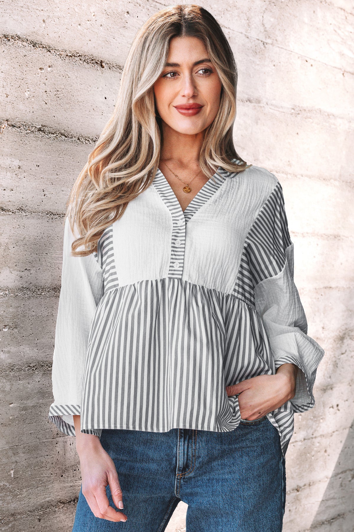 Gray Stripe Half Button Gauze Patchwork Bracelet Sleeve Babydoll Blouse